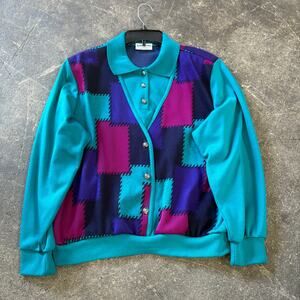 Vintage Alfred Dunner Cardigan Sweater Womens L Green Blue Button Up Cottage